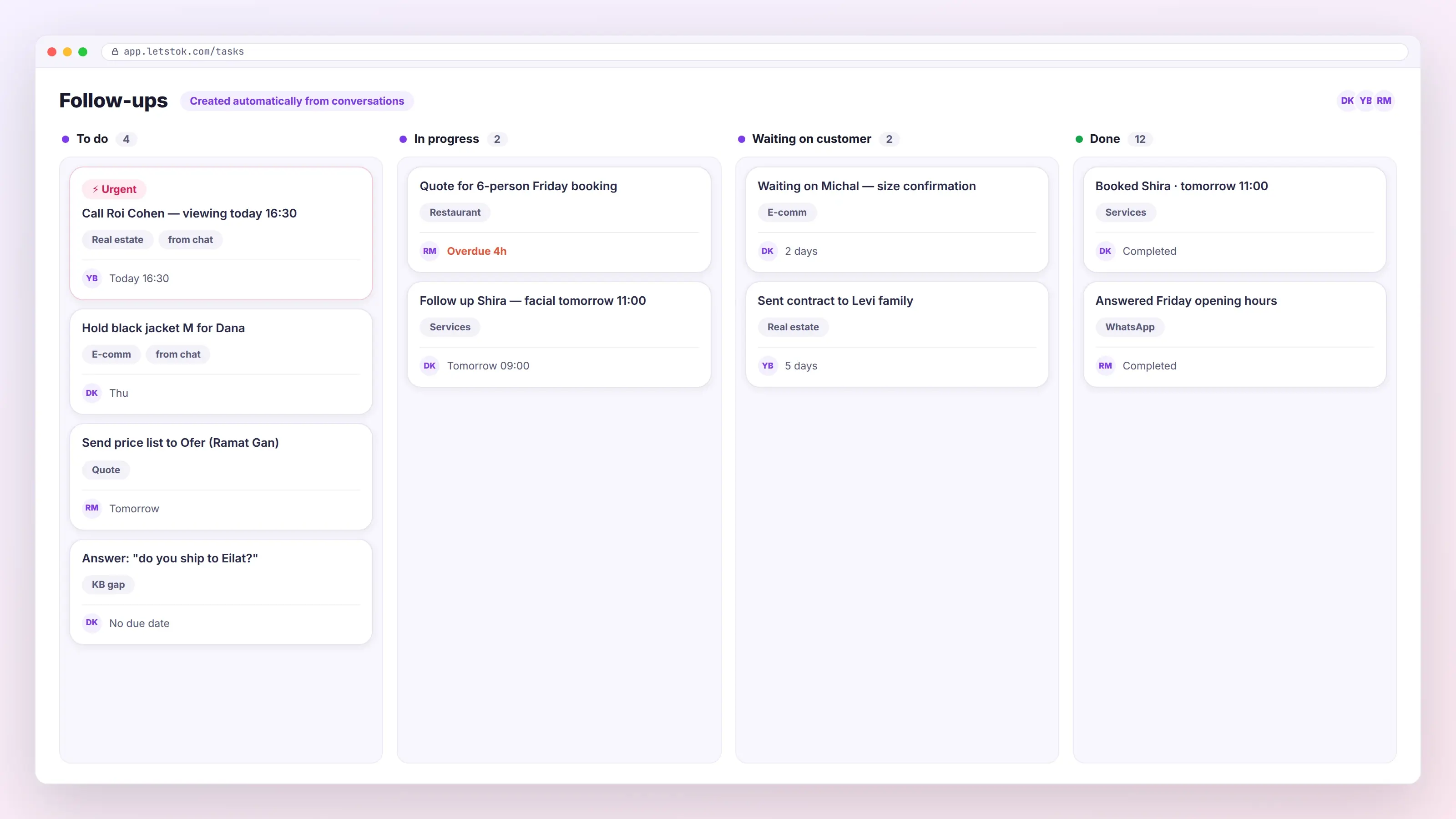 Ein Kanban-Board mit Folgeaufgaben, die automatisch aus Gesprächen entstanden sind