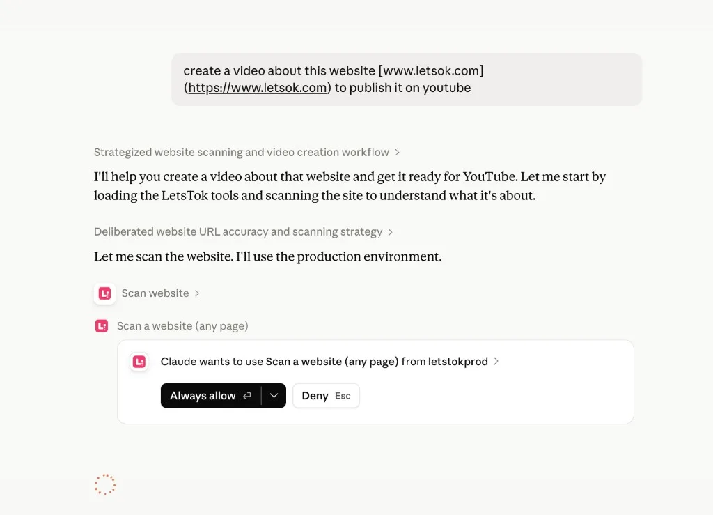 Asking Claude to create a video about a website and publish it to YouTube, then approving the LetsTok website scan
