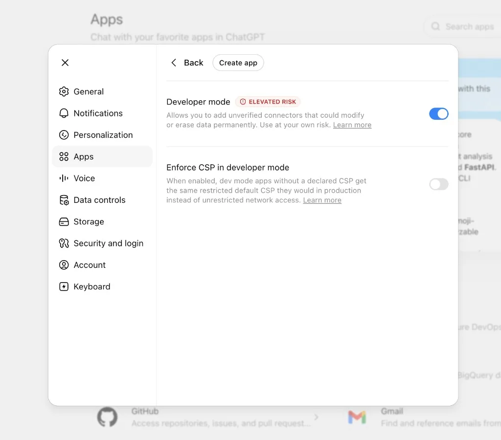 Developer mode toggled on, with a Create app button at the top