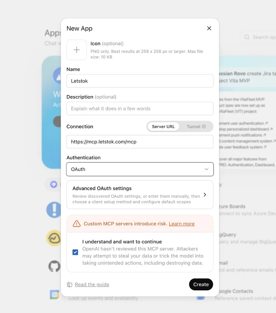 New App form filled in: name LetsTok, server URL, OAuth, consent checkbox ticked
