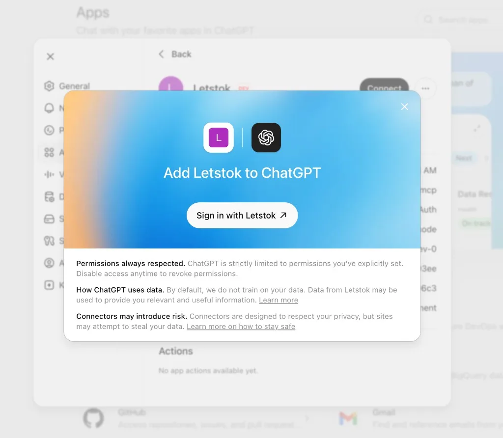 Add LetsTok to ChatGPT screen with a Sign in with LetsTok button
