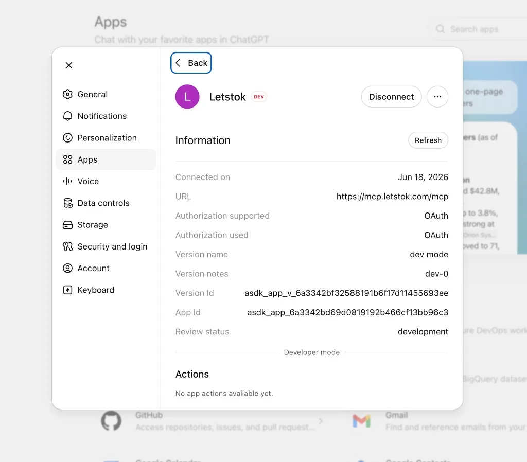 LetsTok app connected, showing a DEV badge, OAuth and a Disconnect button