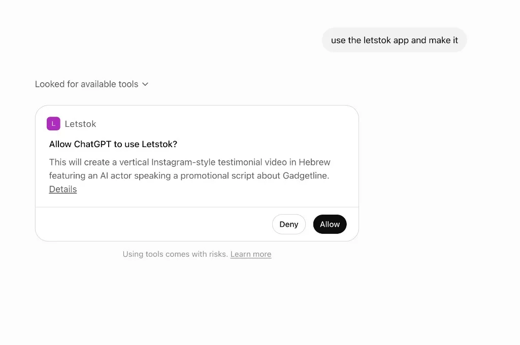 Asking ChatGPT to use the LetsTok app, then clicking Allow