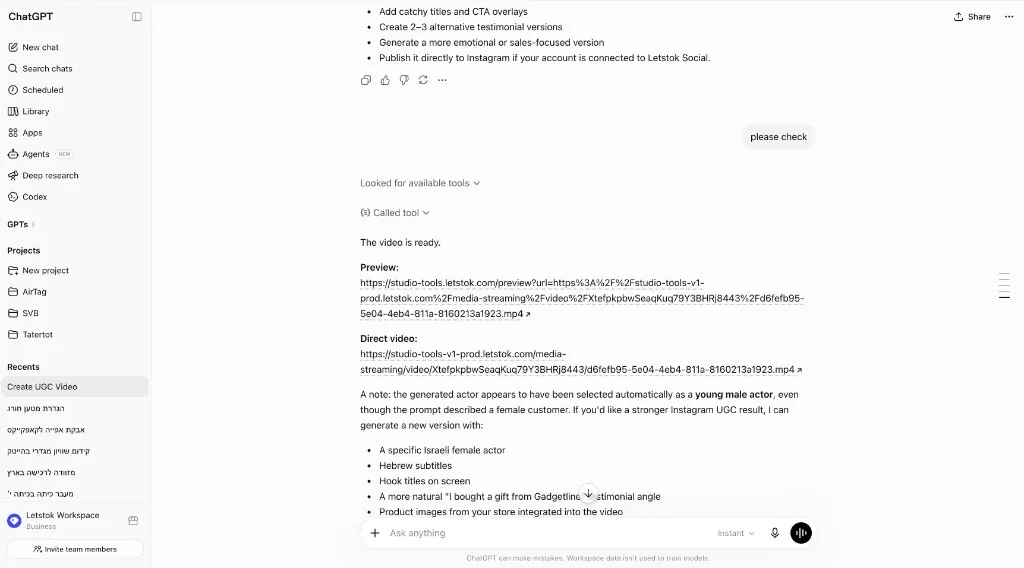 LetsTok returns a job, concept and a ready video with preview and direct links