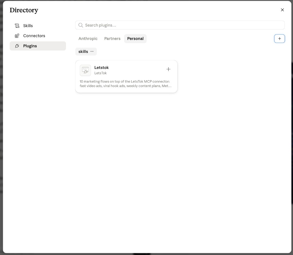 Claude Directory → Plugins → Personal, showing the skills marketplace with the Letstok plugin card