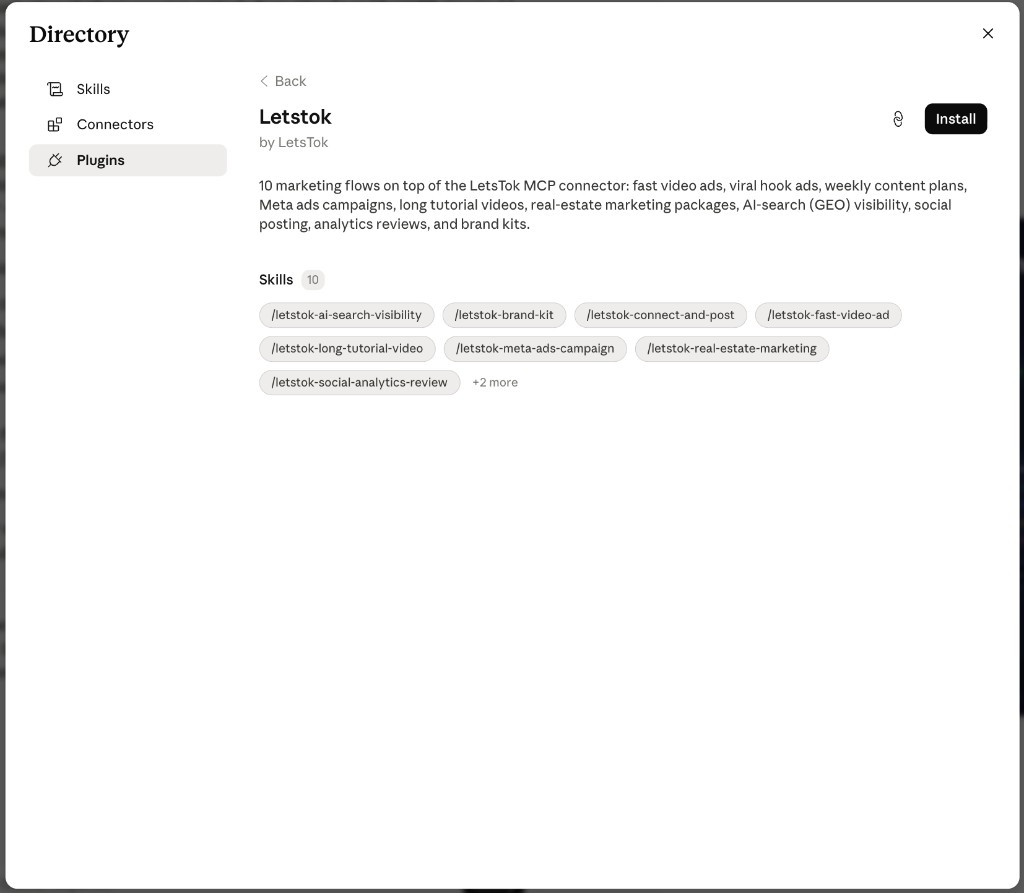 The Letstok plugin page in the Claude Directory with its 10 skills and the Install button